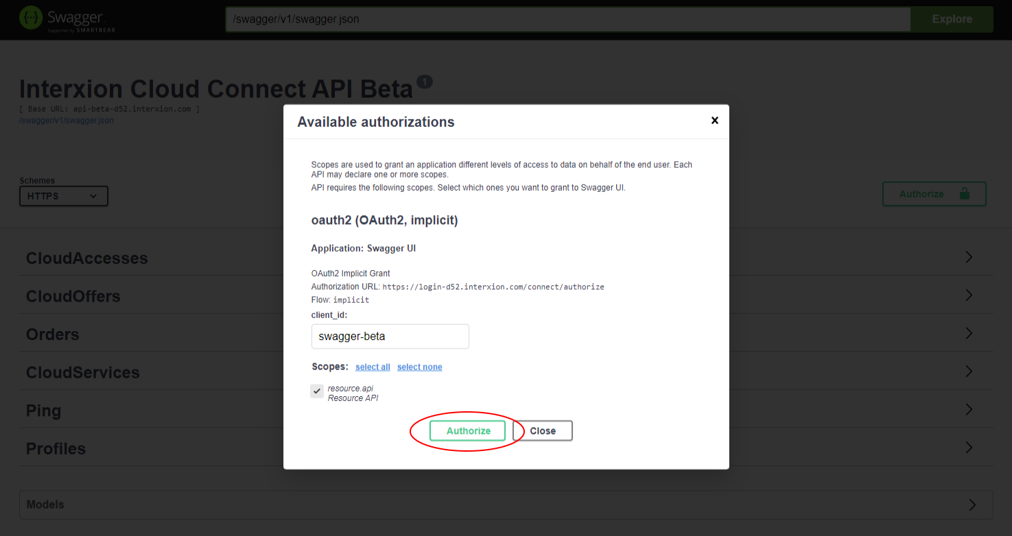 Swagger with authorize button highlighted