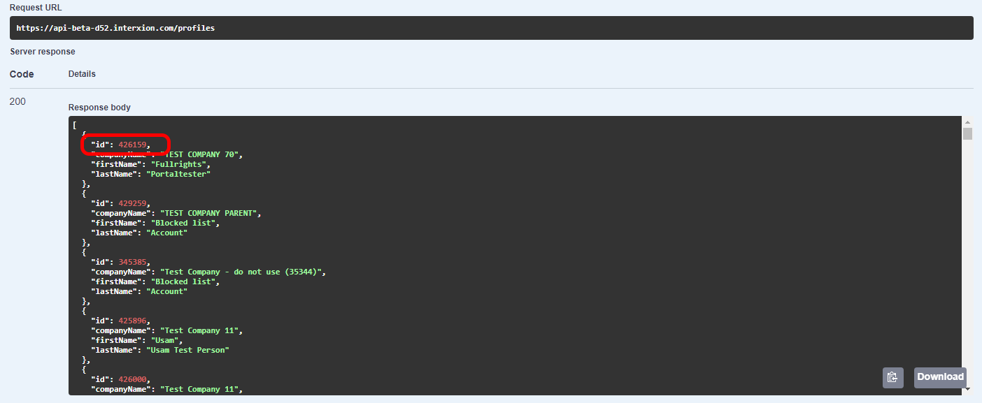 Swagger with profile response displayed